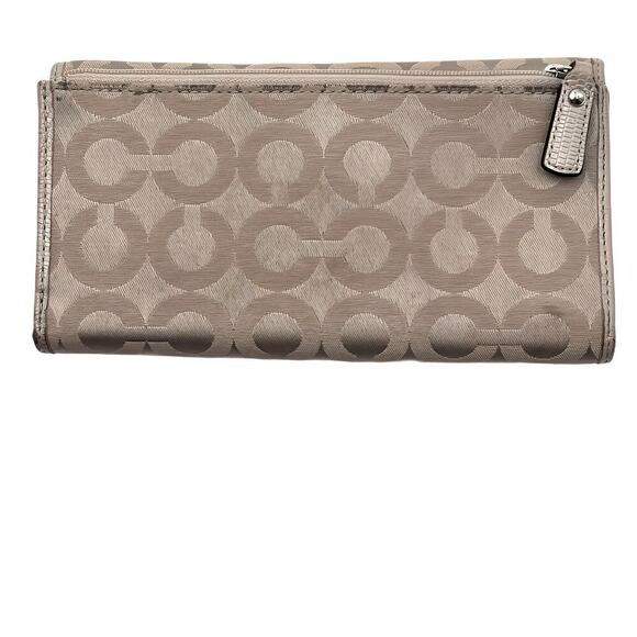 Coach Signature Logo Jacquard Leather Trifold Wallet Taupe Monogram Logo 5x8 - Picture 2 of 7